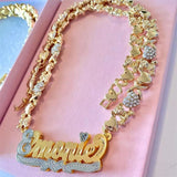 Personalized Necklace Custom Gold Plated Name Necklace Teddy Heart XOXO Chain Double Layer Two Tone with Heart Necklace